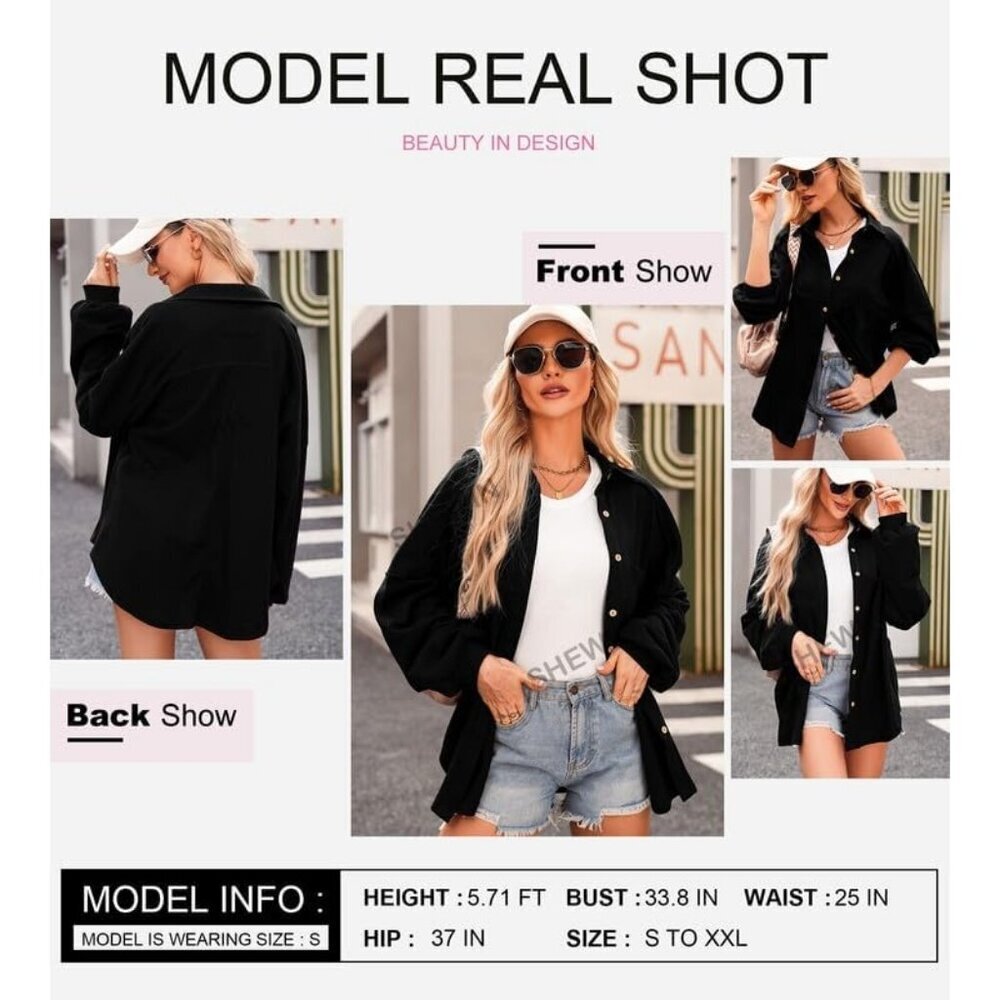 Women's Knit Loose Long Sleeve Black Fashion Button Down Shirt Jacket Tops - Picture 7 of 7